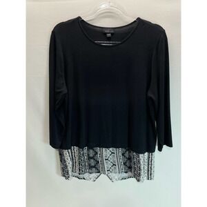J Jill Wearever Black White Printed Hem 3/4 Sleeve Everyday Blouse Size LP